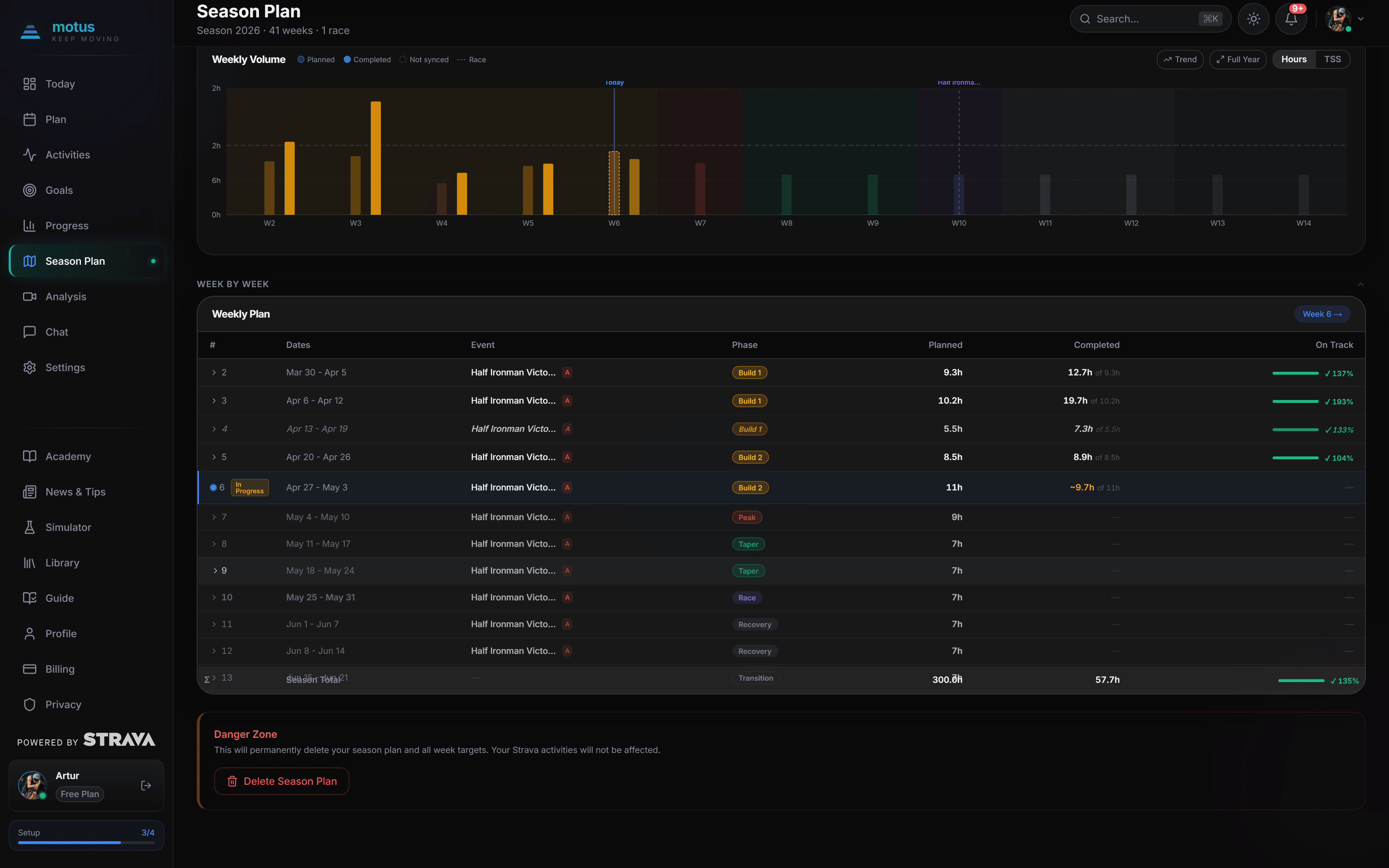 Motus season plan on desktop