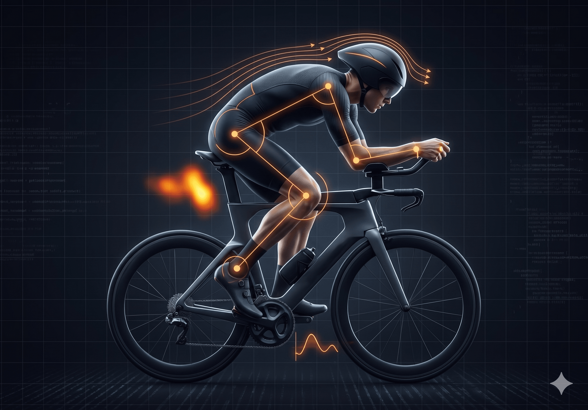 Cyclist with biomechanical skeleton overlay showing knee, hip, and trunk angles