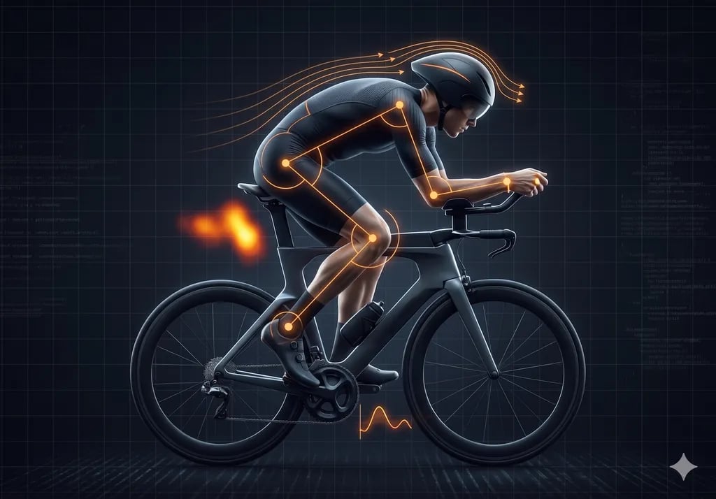 Cyclist with biomechanical skeleton overlay showing knee, hip, and trunk angles