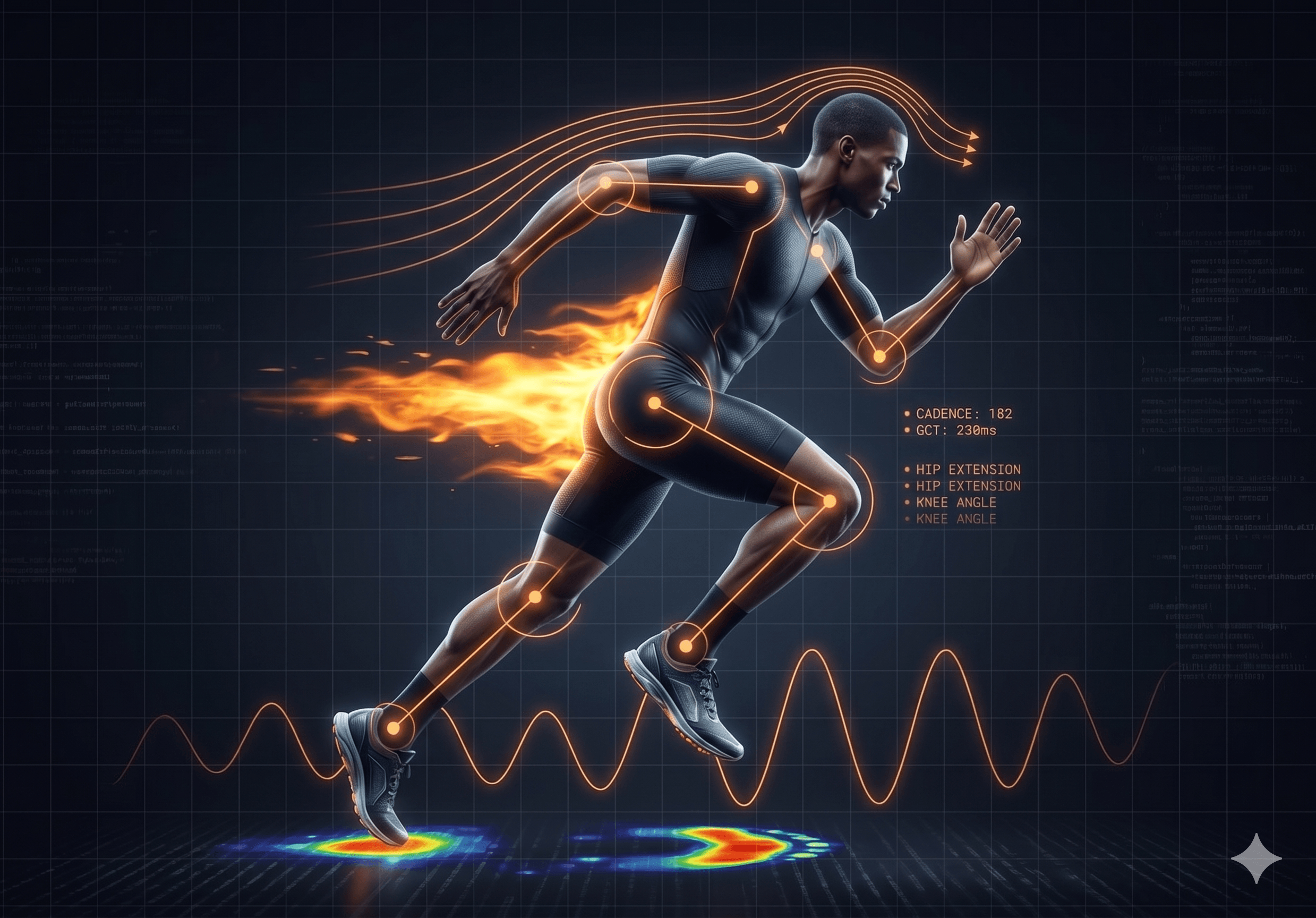 Runner with biomechanical skeleton overlay showing cadence and ground contact analysis