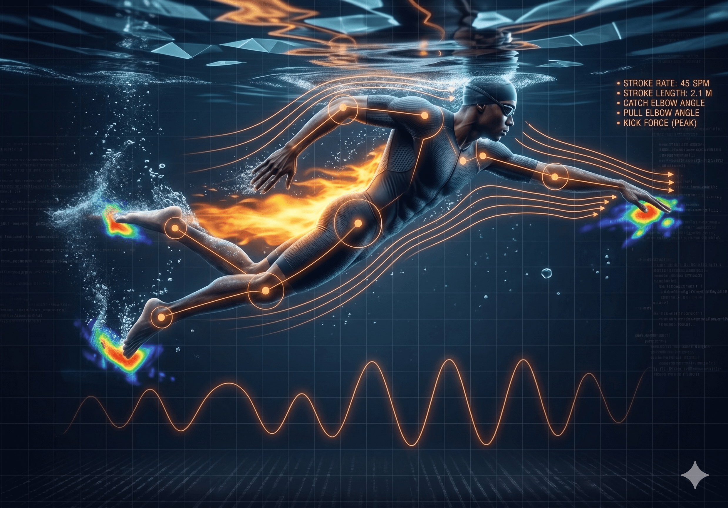 Swimmer with biomechanical skeleton overlay showing stroke rate, catch, and pull elbow angles